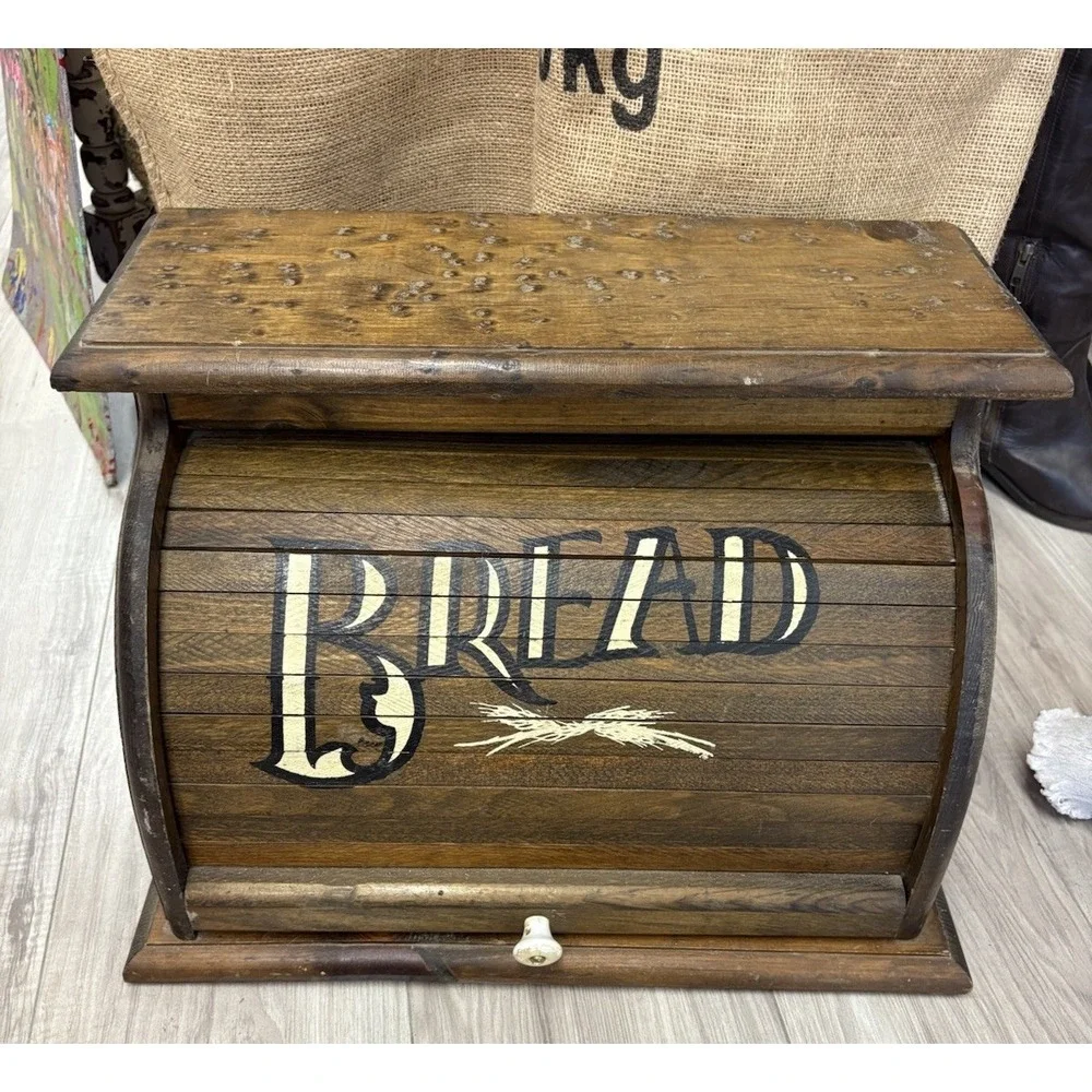 Vintage Knock On Wood Corp Wooden Roll Top Bread Box Farmhouse Made in USA 70's